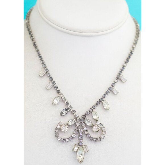 15 inch, Vintage Silver Tone Ribbon Clear Gems Choker Necklace - E41 - Picture 2 of 3